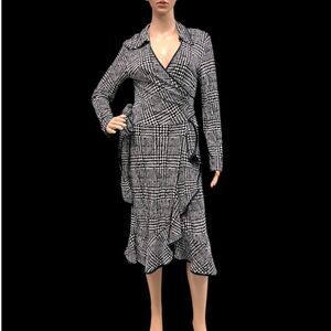 CITRINE Black/White/Gray Houndstooth Plaid Wrap Dress Sz 12